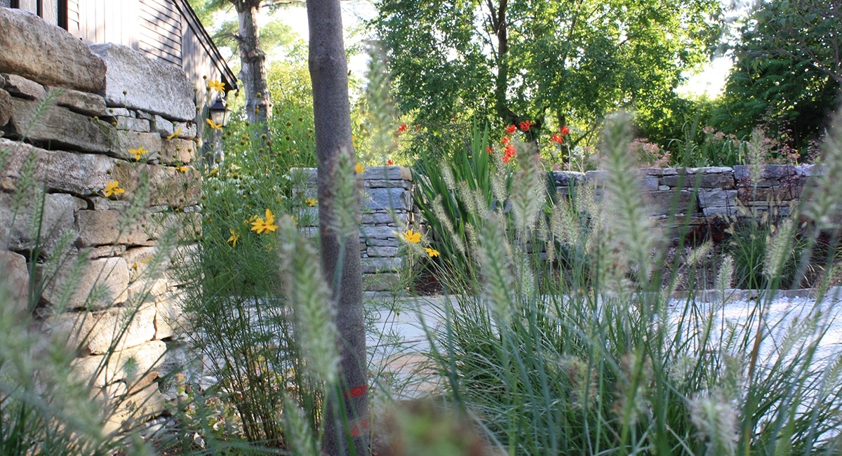 Natural plantings with supporting stone walls